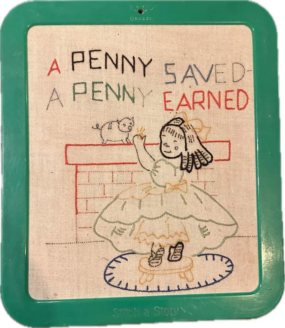 VTG Highland Art Embroidery Stitch a Story Wall Art A Penny Saved A Penny Earned